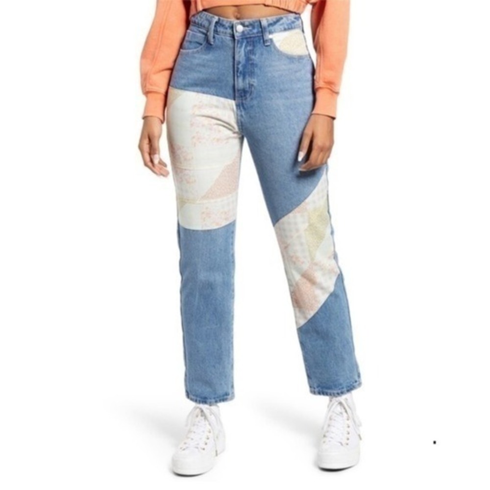 BP. Quilt Patchwork Tapered High Rise Denim Blue‎ Jeans Size 29 NWT